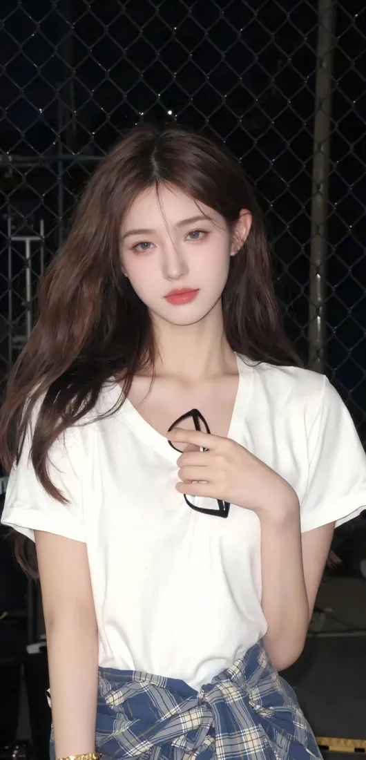 长发美女手机壁纸｜夜景背景图 - 白衣格纹裙「哲风壁纸」