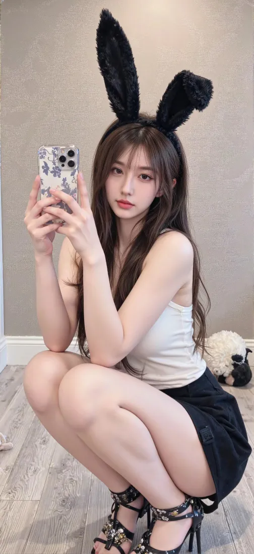 兔耳美女手机壁纸｜室内自拍背景 - 黑色短裙高跟鞋「哲风壁纸」