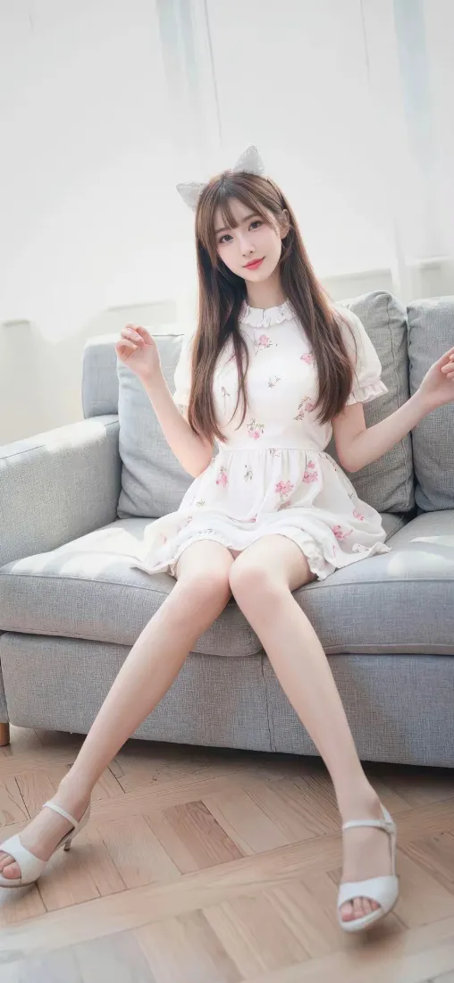 美女手机壁纸｜室内沙发背景图 - 浅色连衣裙「哲风壁纸」