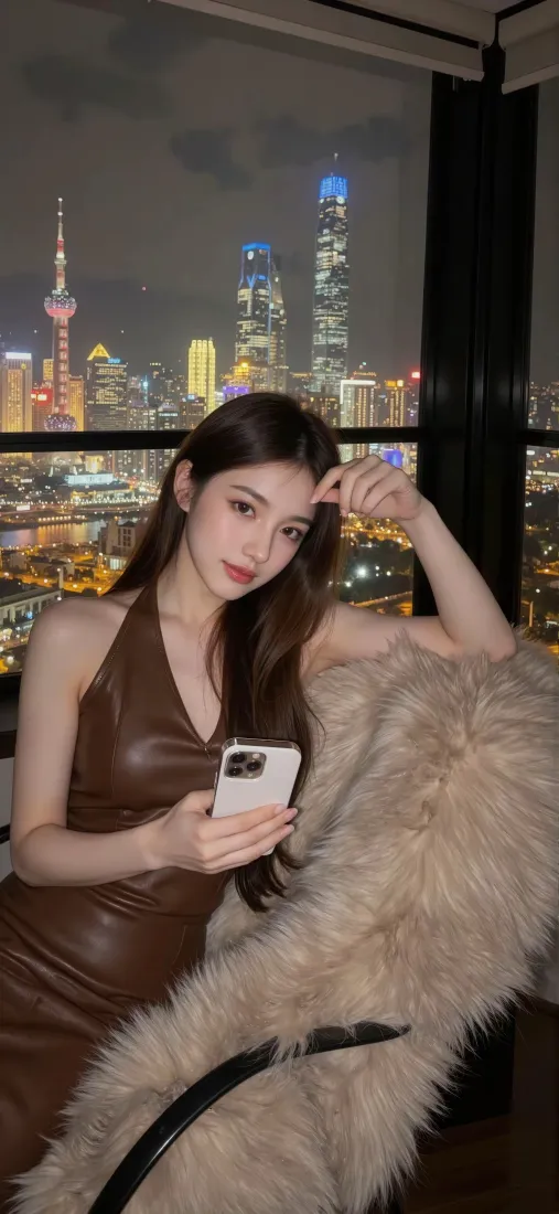 棕色皮裙美女手机壁纸｜上海夜景背景图片 - 自拍毛绒披肩「哲风壁纸」