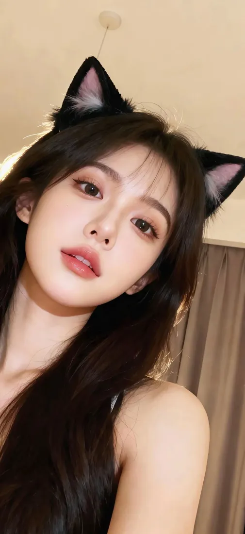 猫耳美女手机壁纸｜室内背景图片 - 长发甜美迷人「哲风壁纸」