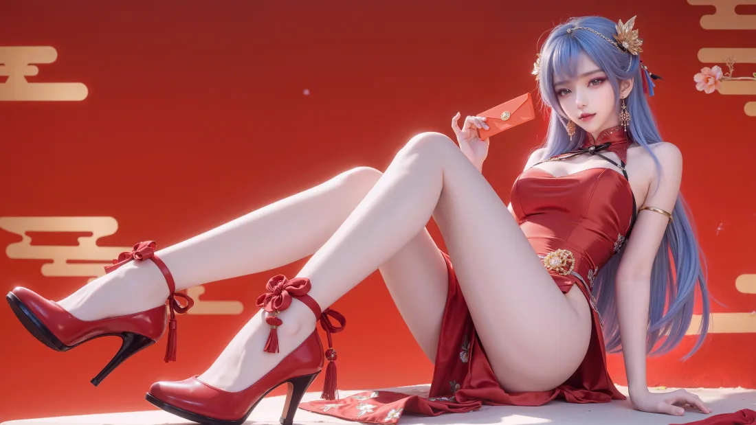 8k小医仙壁纸｜红色背景图 - 旗袍蓝发美女「哲风壁纸」