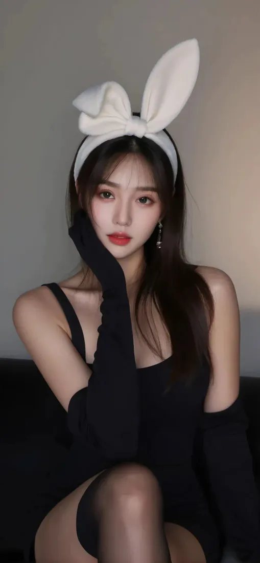 黑衣美女手机壁纸｜室内背景图片 - 兔耳发箍「哲风壁纸」