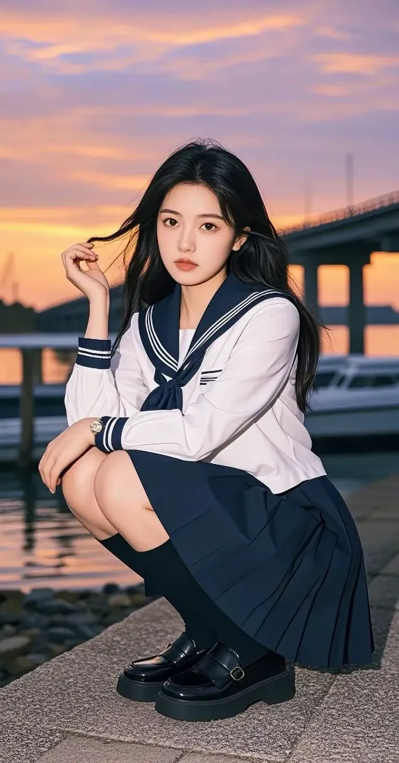 水手服美女手机壁纸｜黄昏港口背景 - 日系JK制服「哲风壁纸」