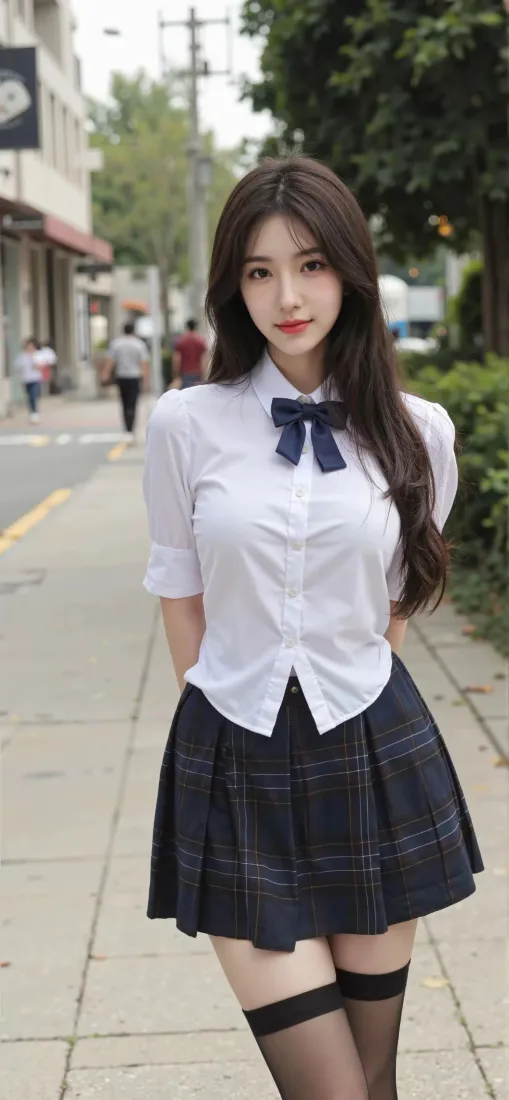 美女手机壁纸｜街景背景图片 - 白衬衫黑丝袜「哲风壁纸」