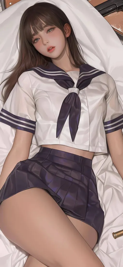 JK制服美女手机壁纸｜白色床铺背景 - 迷人水手服「哲风壁纸」