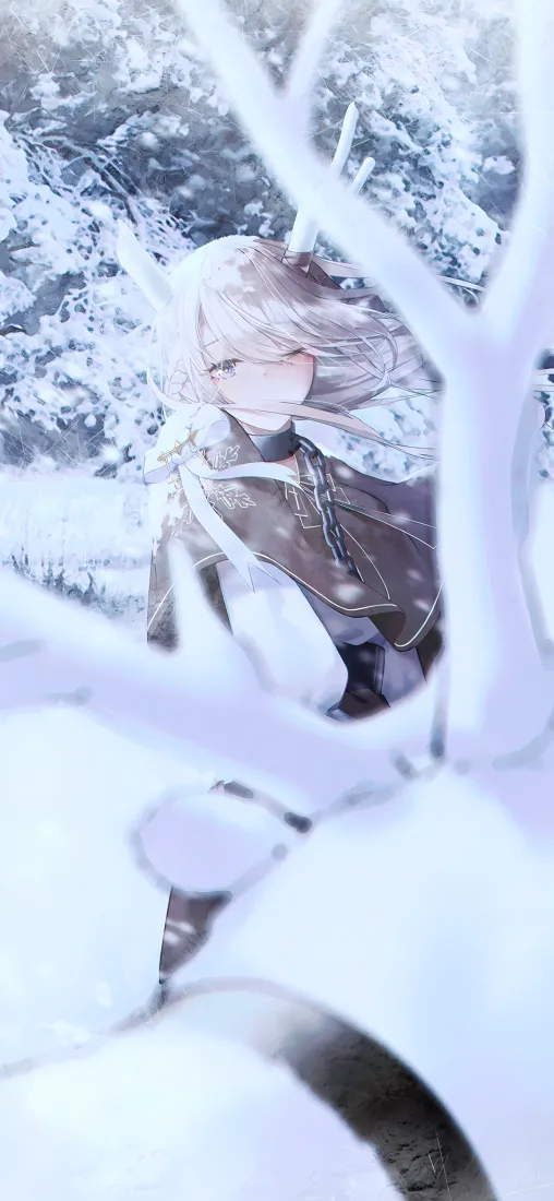 白色麋鹿手机壁纸｜雪地背景 - 二次元白发角色雪景「哲风壁纸」