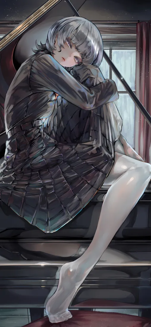 二次元少女手机壁纸｜钢琴背景图片 - 忧郁窗边白丝「哲风壁纸」