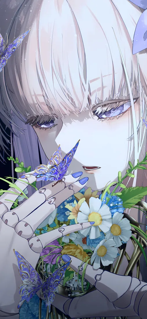 二次元少女手机壁纸｜花束机械臂背景图片 - 紫粉调「哲风壁纸」