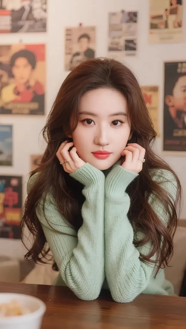 赵露思手机壁纸｜复古海报背景 - 绿色毛衣卷发红唇「哲风壁纸」
