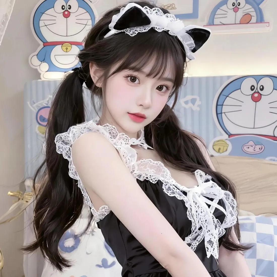 女仆装美女手机壁纸｜哆啦A梦背景 - 可爱甜美「哲风壁纸」