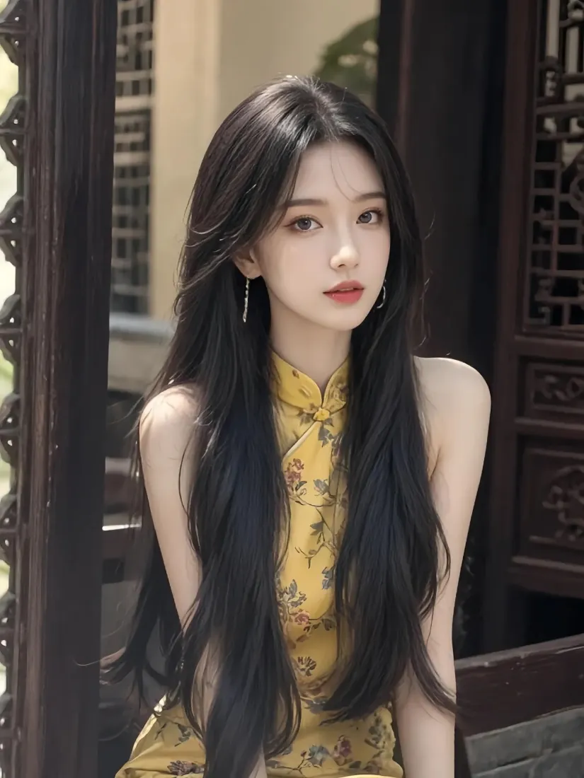 黄旗袍美女手机壁纸｜中式古风背景 - 长发红唇「哲风壁纸」