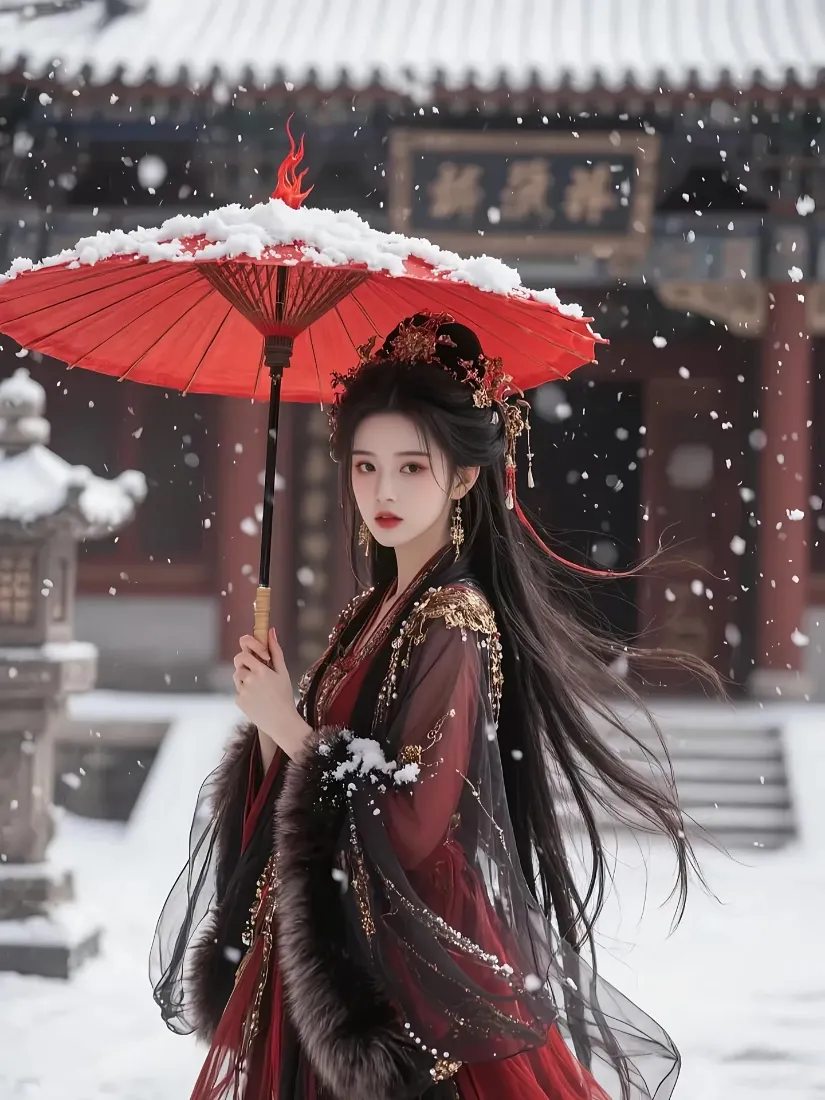 古风美女手机壁纸｜雪景背景图片 - 红伞汉服「哲风壁纸」