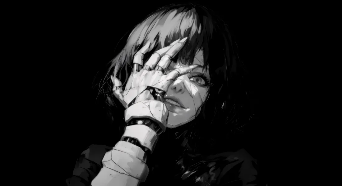 2k二次元暗黑机械手壁纸｜黑白阴森背景图片 - 诡异表情「哲风壁纸」