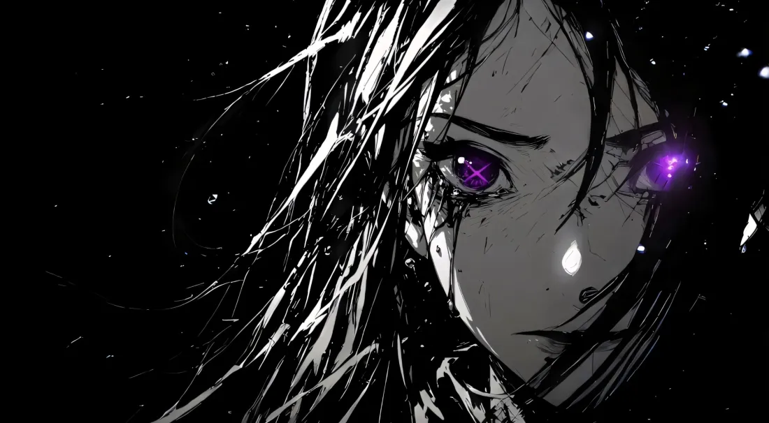 2k动漫人物壁纸｜黑白背景 - 紫瞳星星眼流泪「哲风壁纸」