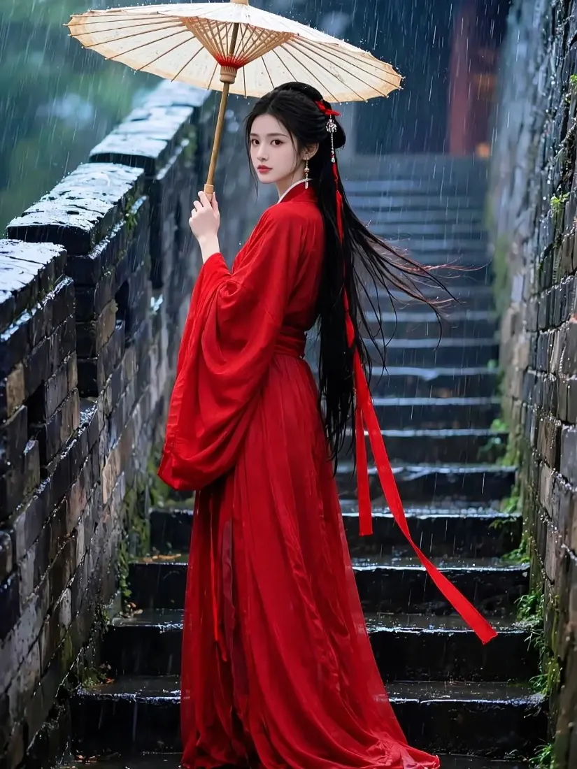 红衣美女手机壁纸｜古墙石阶背景图片 - 油纸伞汉服雨景「哲风壁纸」