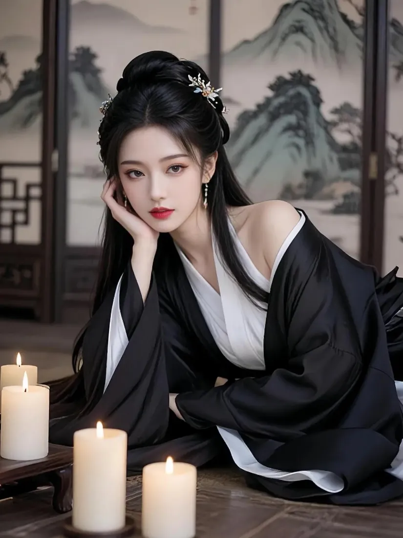 古风美女手机壁纸｜汉服背景图 - 蜡烛山水屏风「哲风壁纸」