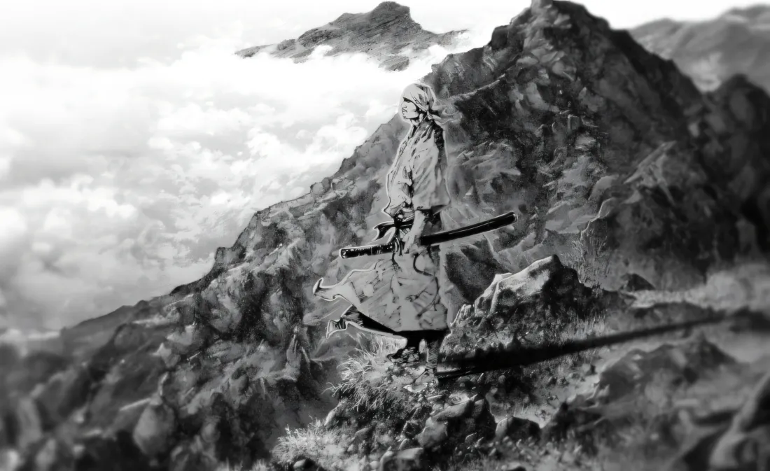 2k武士壁纸｜山峰背景图片 - 云雾黑白风景「哲风壁纸」