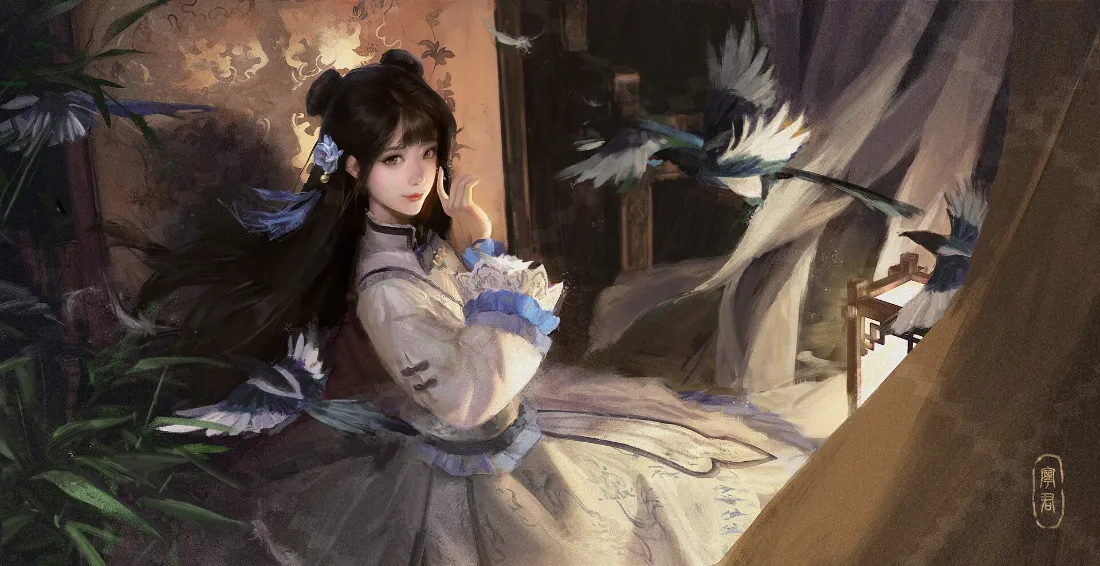 2k古风女孩壁纸｜飞鸟植物背景图片 - 棕色女孩「哲风壁纸」
