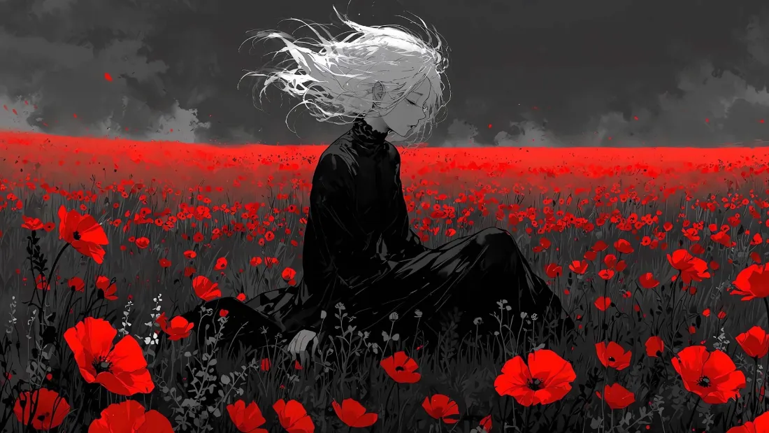 2k白发黑衣动漫人物壁纸｜红色花海 - 黑红风格「哲风壁纸」