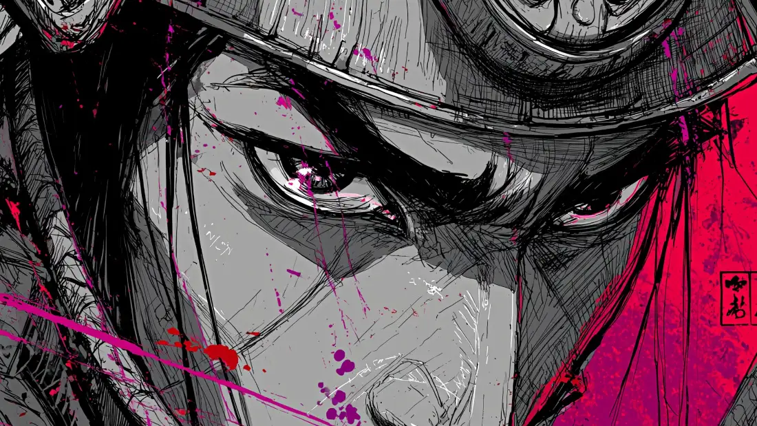 2k武士动漫壁纸｜红背景图片 - 眼眸 墨点「哲风壁纸」