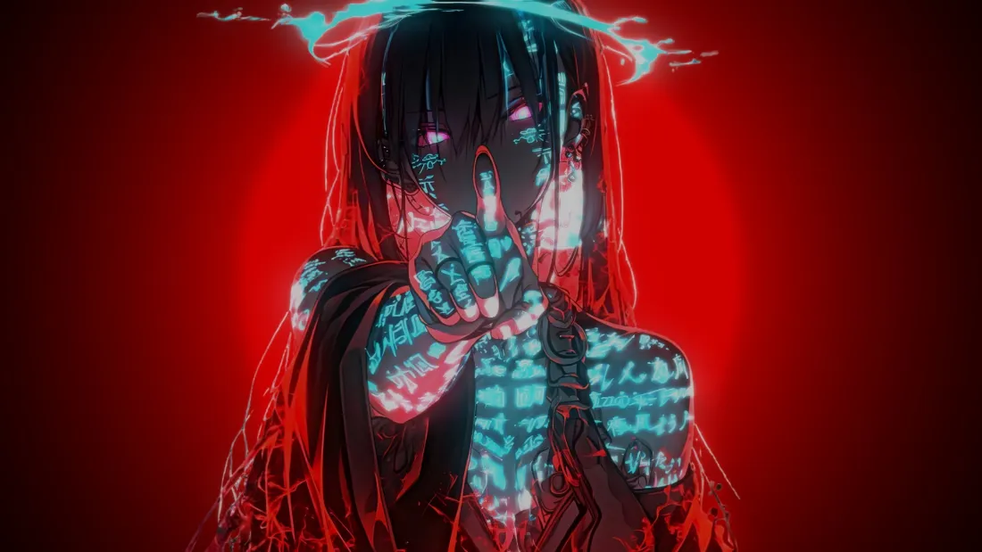 2k红温神明壁纸｜红背景图片 - 蓝绿光效「哲风壁纸」