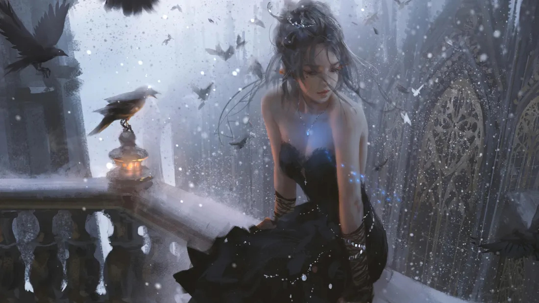2k黑衣少女壁纸｜雪景背景 - 暗黑哥特插画「哲风壁纸」
