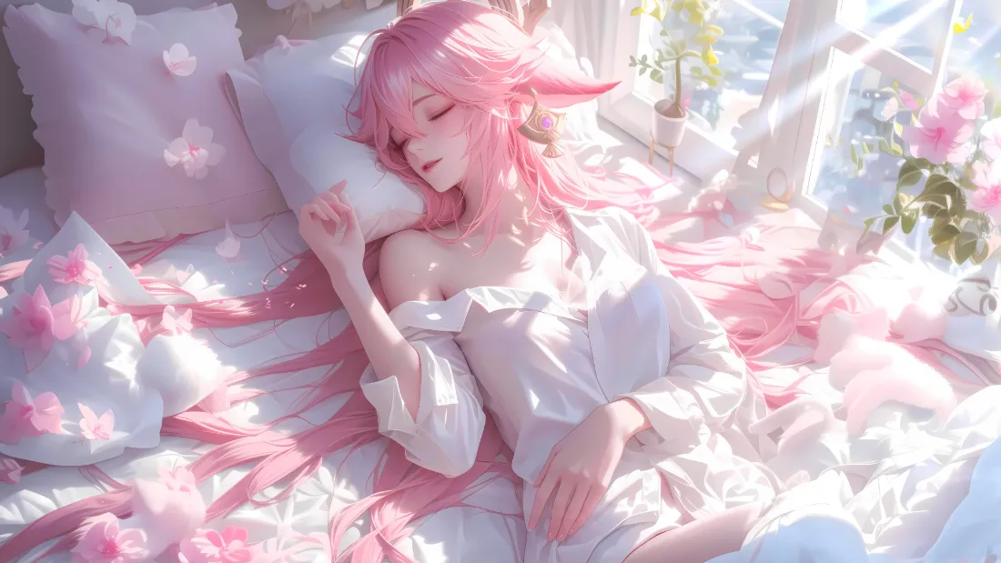 2k粉色头发动漫壁纸｜卧室背景 - 梦幻阳光花朵「哲风壁纸」
