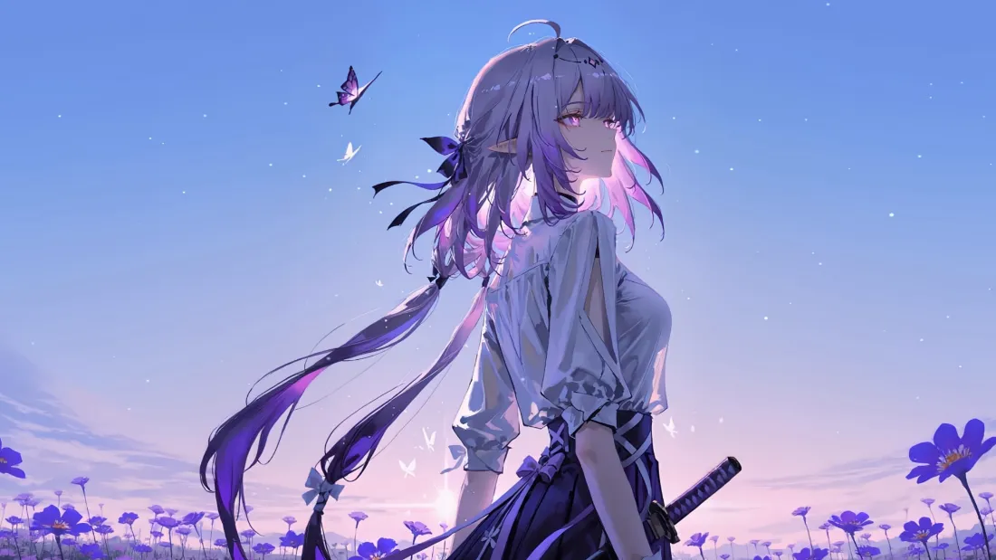 2k紫发少女壁纸｜花海背景图片 - 蓝天蝴蝶「哲风壁纸」