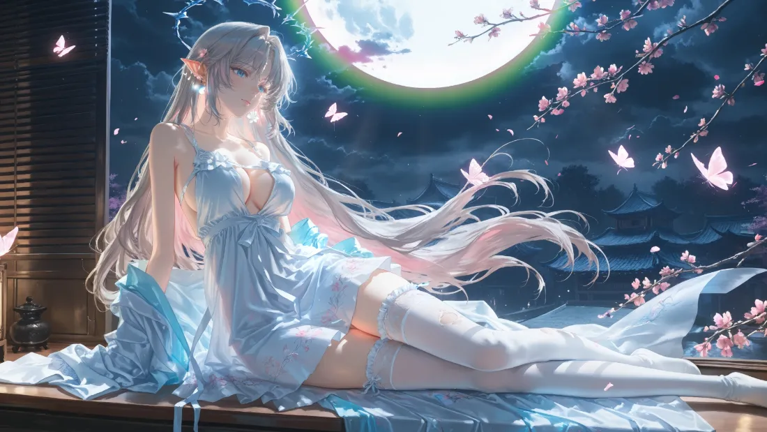 2k长发少女壁纸｜月夜樱花背景 - 二次元「哲风壁纸」