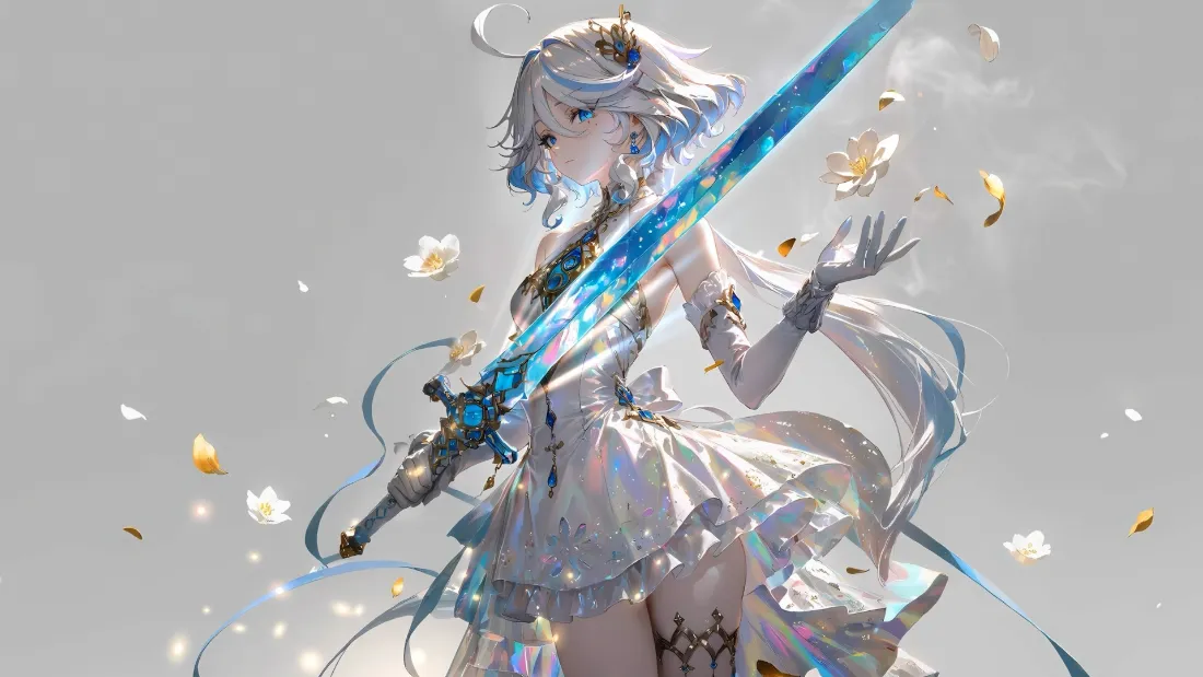 2k动漫少女壁纸｜蓝剑背景图片 - 花瓣飘落「哲风壁纸」