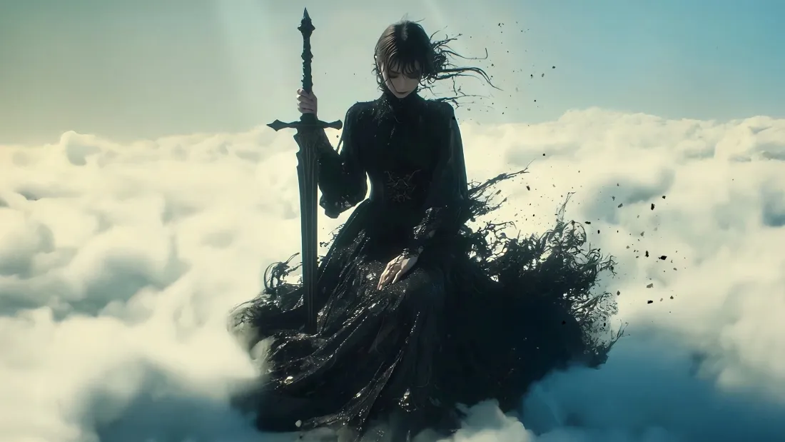 2k少女剑士壁纸｜云海背景图片 - 黑衣奇幻特效「哲风壁纸」
