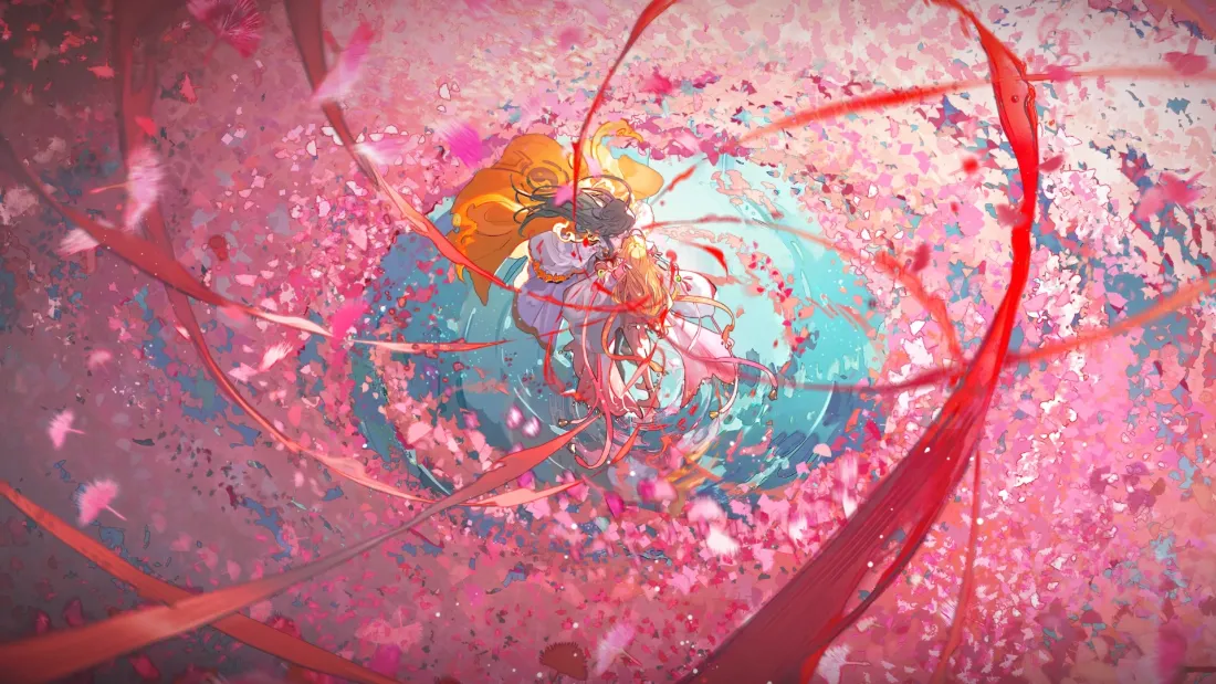 2k狐妖小红娘壁纸｜粉色花瓣背景图片 - 红色丝带漩涡「哲风壁纸」