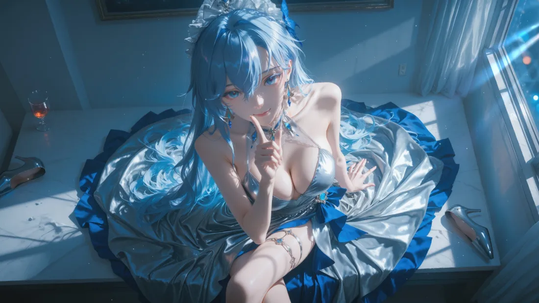 2k蓝发动漫少女壁纸｜窗台背景 - 蓝白裙装「哲风壁纸」