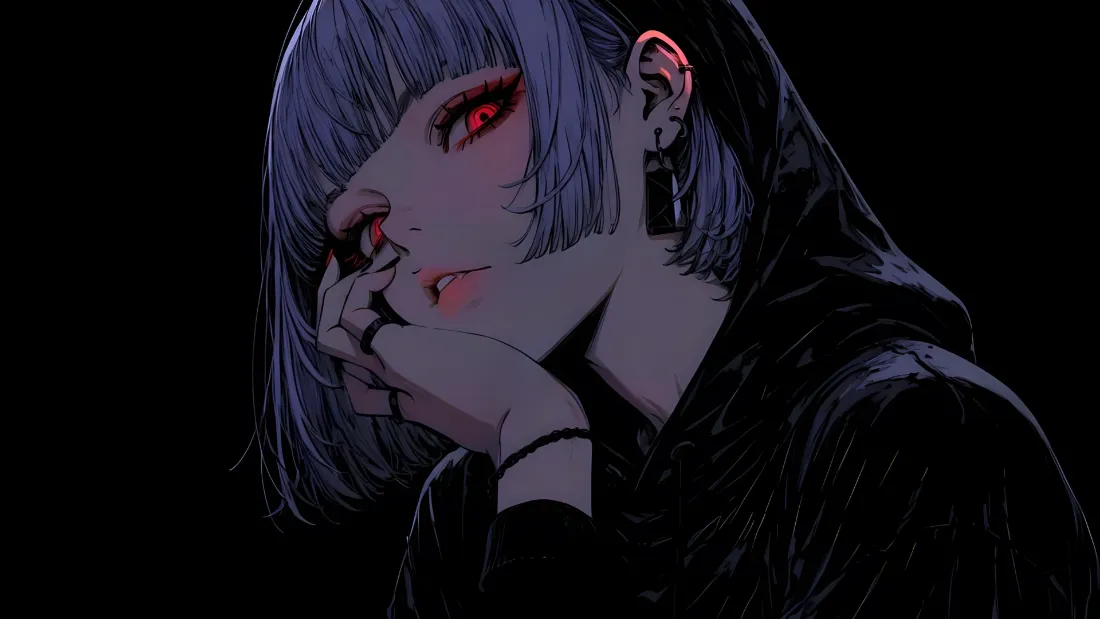 2k动漫女孩壁纸｜暗色背景图 - 紫发红瞳黑衣「哲风壁纸」