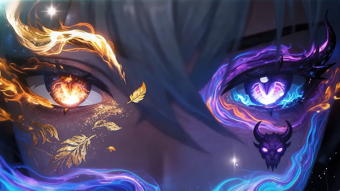 2k火焰紫眸动漫壁纸｜异色瞳背景图 - 骷髅金叶「哲风壁纸」