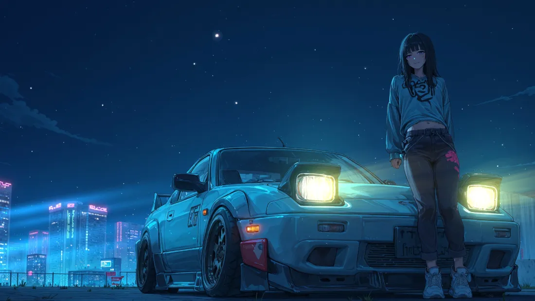2k动漫女孩改装车壁纸｜城市夜景背景 - 霓虹星空「哲风壁纸」