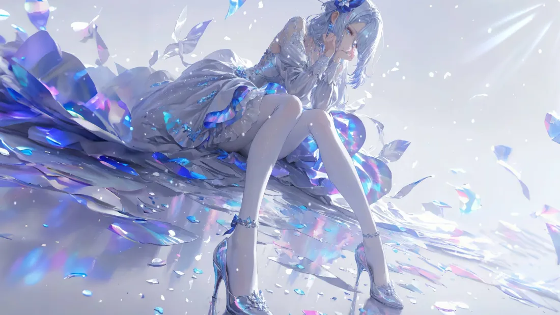 2k蓝裙少女壁纸｜蓝色晶体背景图片 - 二次元「哲风壁纸」