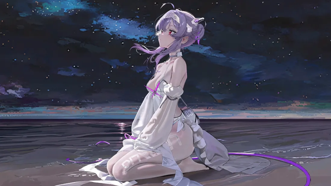 2k星尘壁纸｜星空海面背景 - 紫发白衣「哲风壁纸」