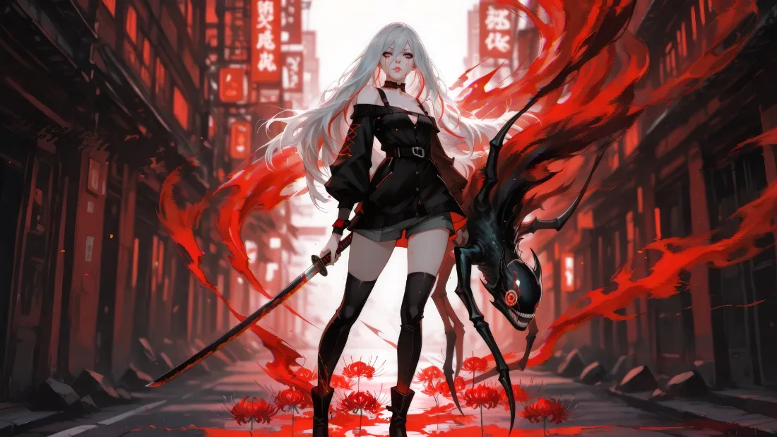 2k白发少女壁纸｜赛博朋克红温街道 - 黑裙剑姬战斗「哲风壁纸」