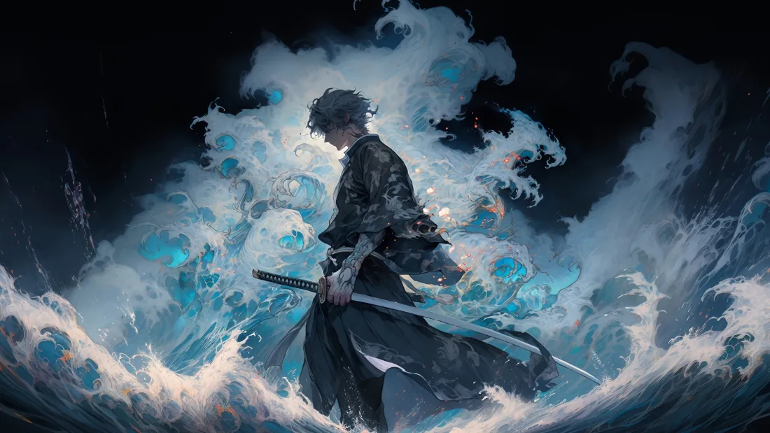 2k武士持剑动漫壁纸｜海浪背景图片 - 和风暗黑角色「哲风壁纸」