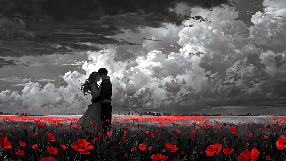 2k红色花海情侣壁纸｜黑白云朵背景图片 - 浪漫接吻「哲风壁纸」