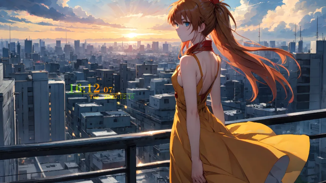 2k明日香壁纸｜城市黄昏背景图片 - 黄色连衣裙「哲风壁纸」