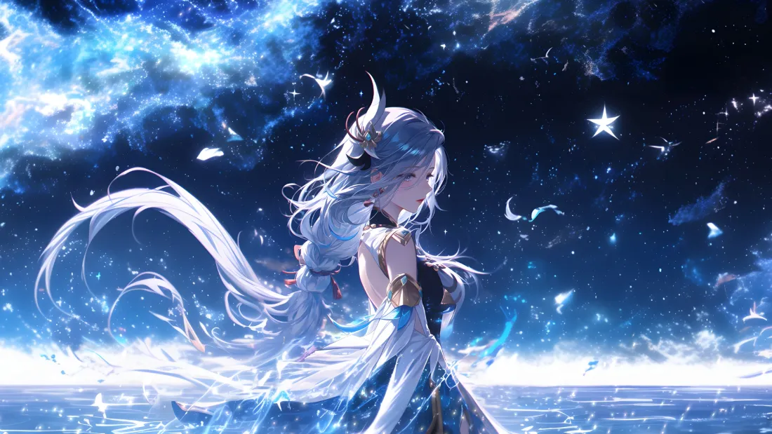 2k银发少女壁纸｜星空背景图 - 蓝裙动漫人物「哲风壁纸」