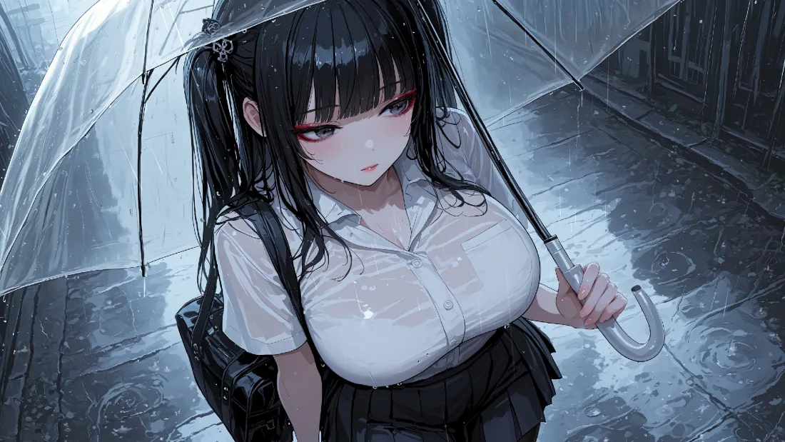 2k动漫女孩壁纸｜雨夜背景图片 - 打伞校服湿发少女「哲风壁纸」