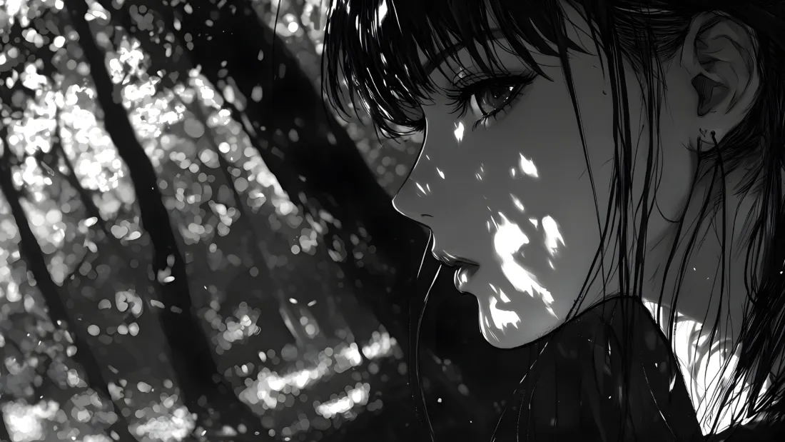 2k动漫人物壁纸｜黑白树林背景图片 - 光影侧脸「哲风壁纸」