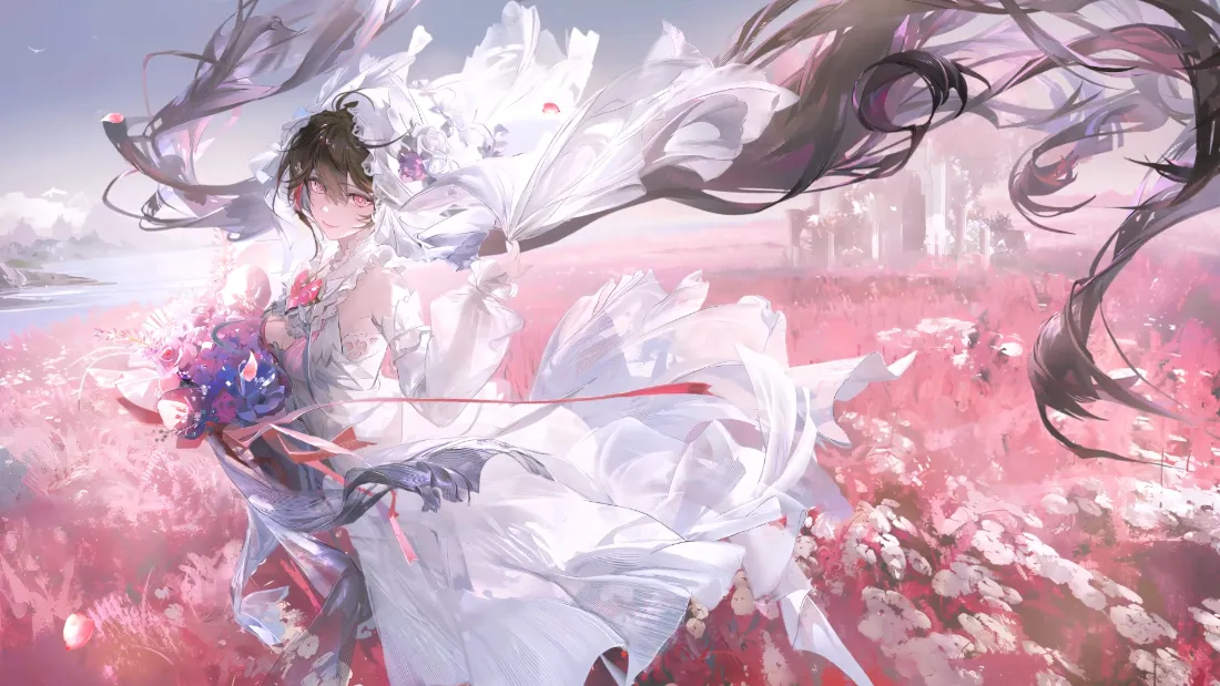 2k花嫁动漫人物壁纸｜粉色花海背景 - 白色婚纱「哲风壁纸」