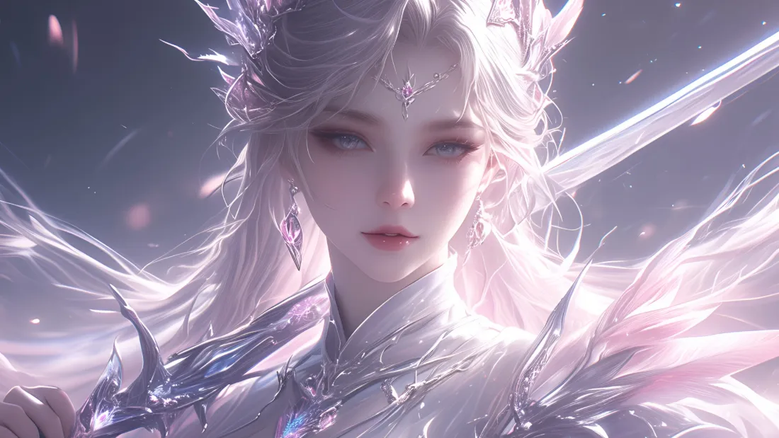 2k银发执剑女性壁纸｜盔甲背景 - 梦幻「哲风壁纸」