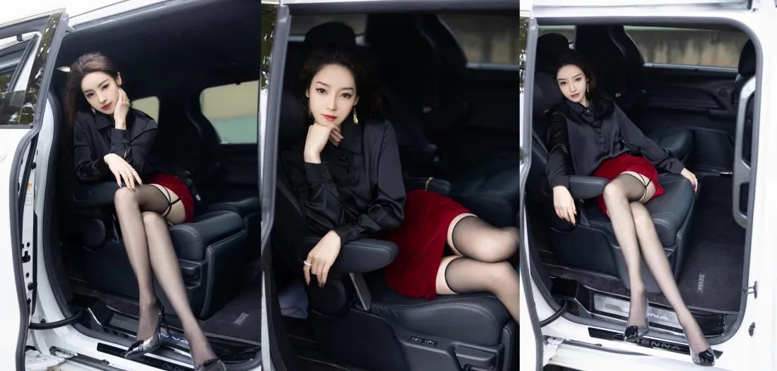 4k车内美女壁纸｜汽车内部背景图片 - 红衣黑丝时尚美女「哲风壁纸」