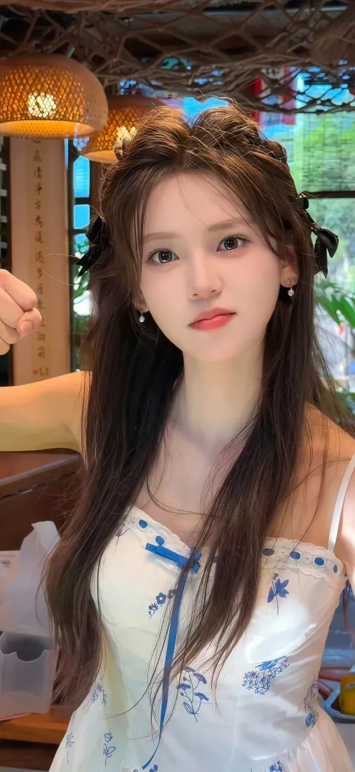 白衣美女手机壁纸｜古风背景图片 - 蓝花连衣裙编发「哲风壁纸」